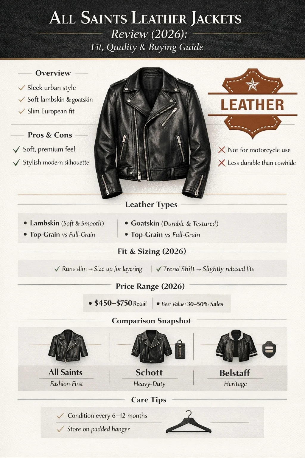 All Saints leather jacket review 2026 infographic showing fit guide, leather types, price range, authenticity tips, and comparison with Schott and Belstaff