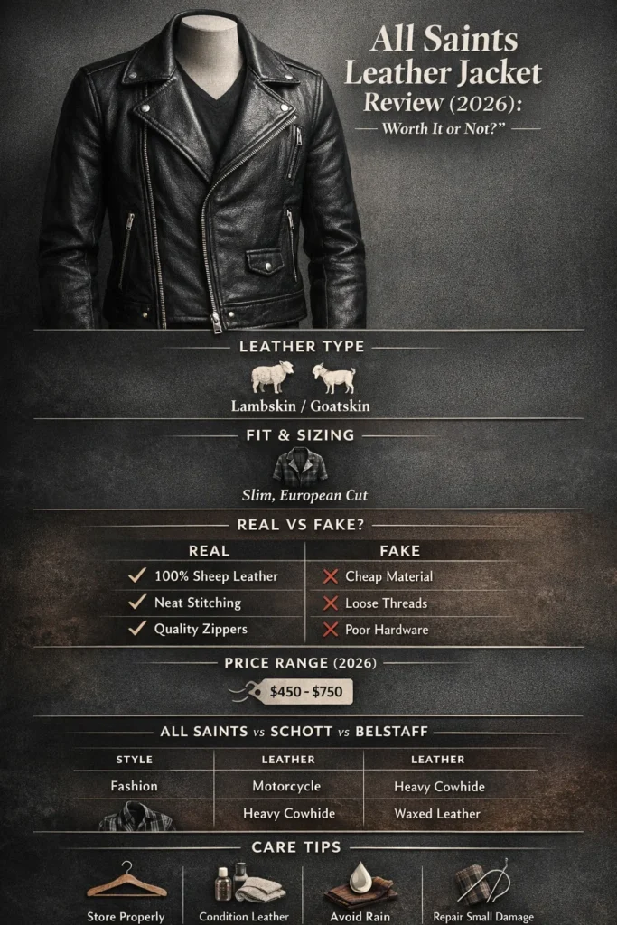 All Saints leather jacket review 2026 infographic showing lambskin biker jacket, slim fit sizing, real vs fake guide, price range, care tips, and comparison with Schott and Belstaff.