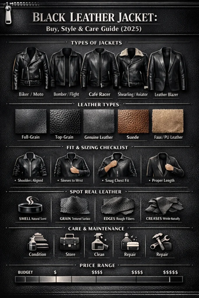 Infographic showing black leather jacket types, leather quality, fit tips, care guide, and buying checklist for 2025