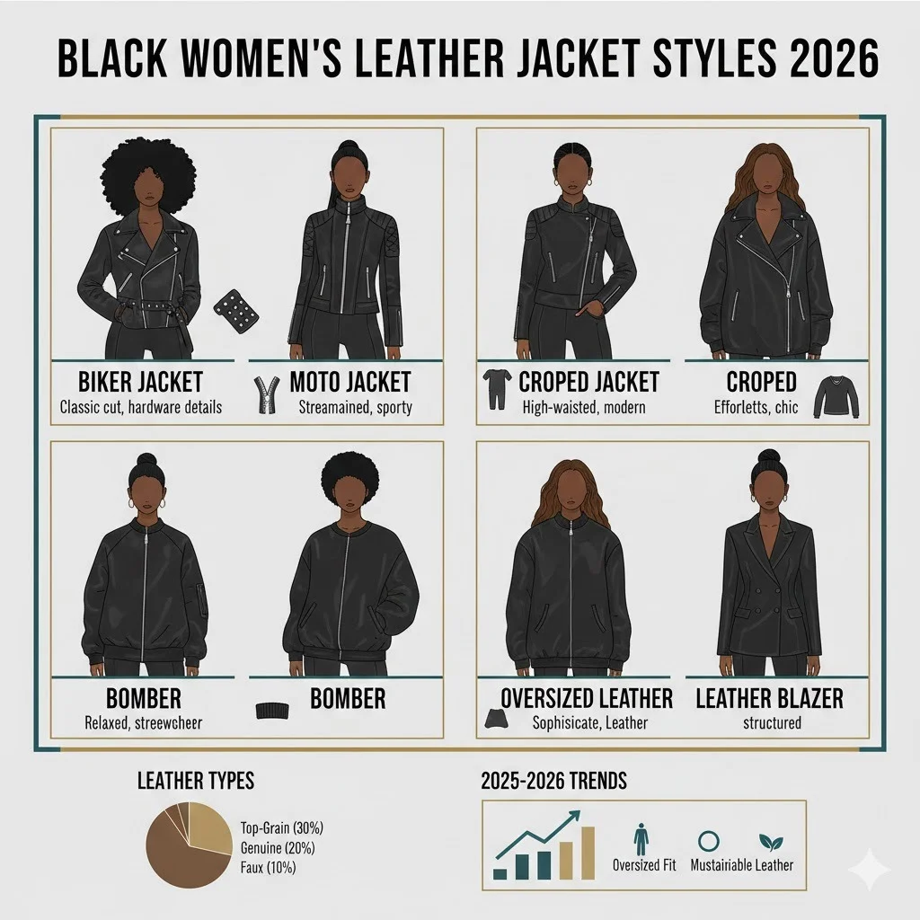 “Infographic showing 7 black women’s leather jacket styles for 2026 Biker, Moto, Bomber, Cropped, Oversized, Blazer, Long Coat with key features, leather types, and style trends.”