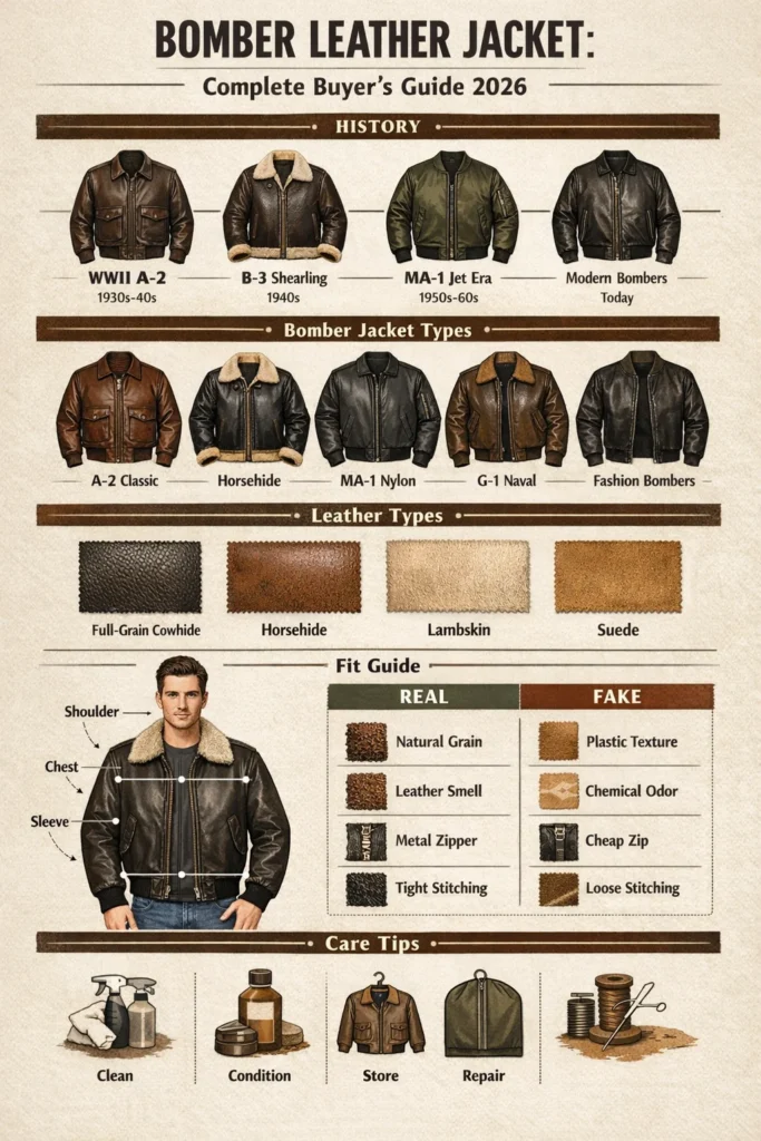 Infographic illustrating the complete 2026 bomber leather jacket guide: history timeline, types comparison, leather types, fit diagram, authentication tips, and care instructions.