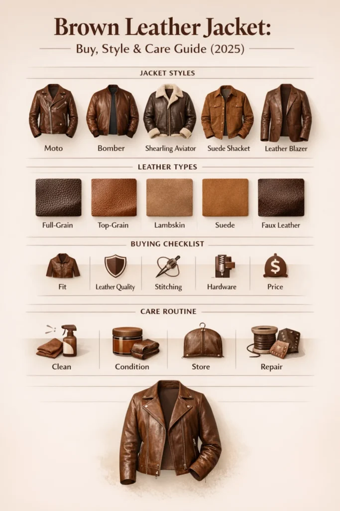 Brown leather jacket infographic showing jacket styles, leather types, buying tips, fit guide, and care routine for long-lasting wear.