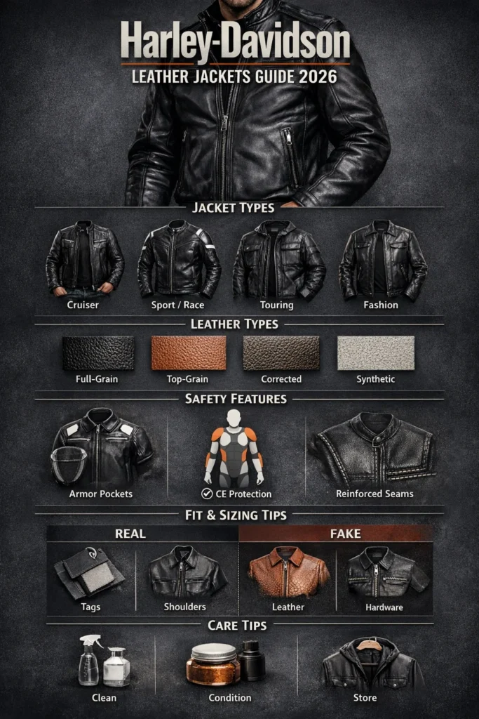 Harley-Davidson leather jackets infographic showing jacket types, leather materials, safety features, fit tips, real vs fake checks, and care guidance.