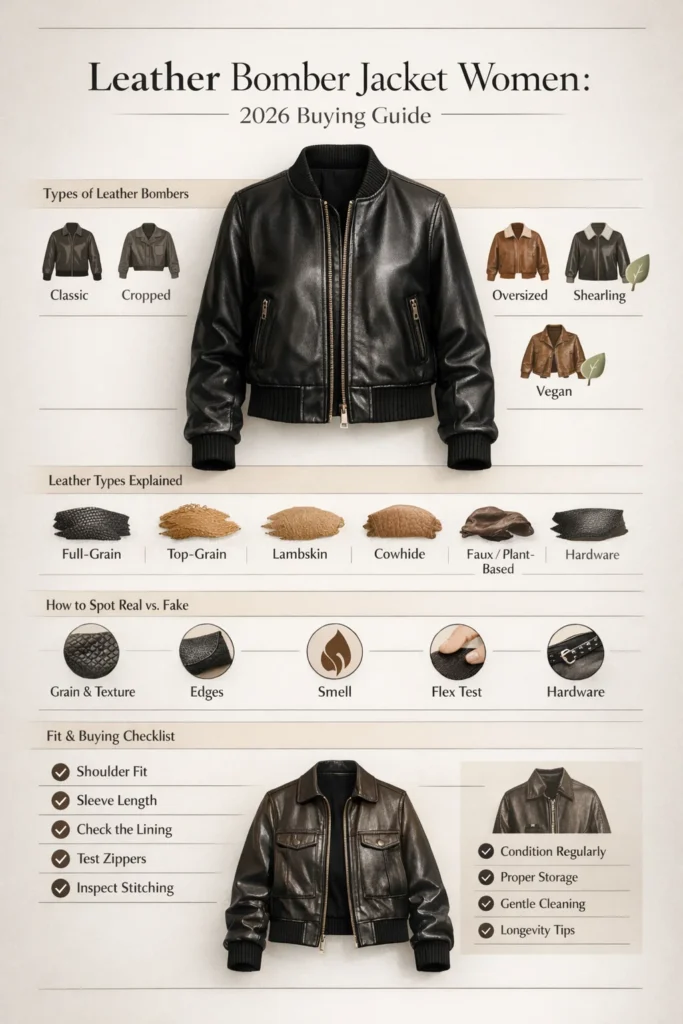 Women’s leather bomber jacket buying guide infographic showing bomber styles, leather types, real vs fake leather checks, fit checklist, and care tips for 2026.
