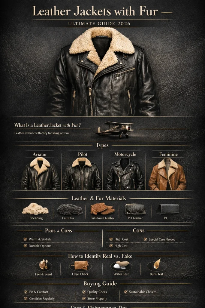 Infographic showing leather jackets with fur, including shearling styles, types, materials, buying tips, care advice, and 2026 fashion trends.