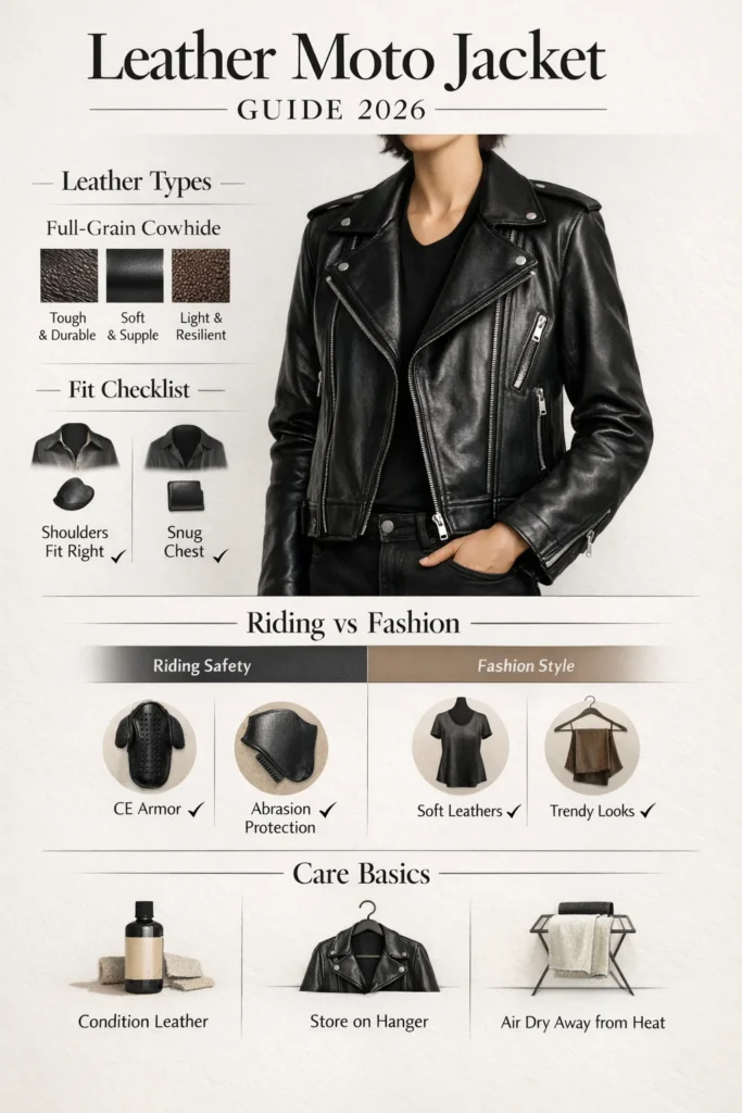 Leather moto jacket infographic showing leather types, fit checklist, riding vs fashion comparison, and care basics for 2026.