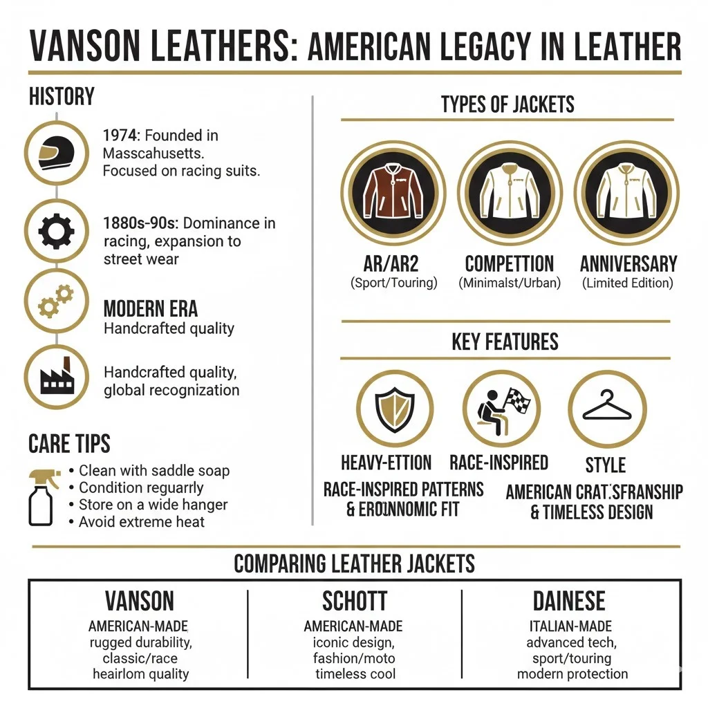 "Infographic detailing Vanson Leather Jackets: history, jacket types, key features, care tips, and comparison with competitors."