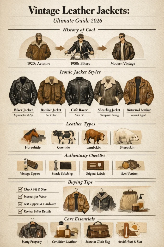 Vintage leather jackets infographic showing history timeline, jacket styles, leather types, authenticity checks, buying tips, and care essentials.