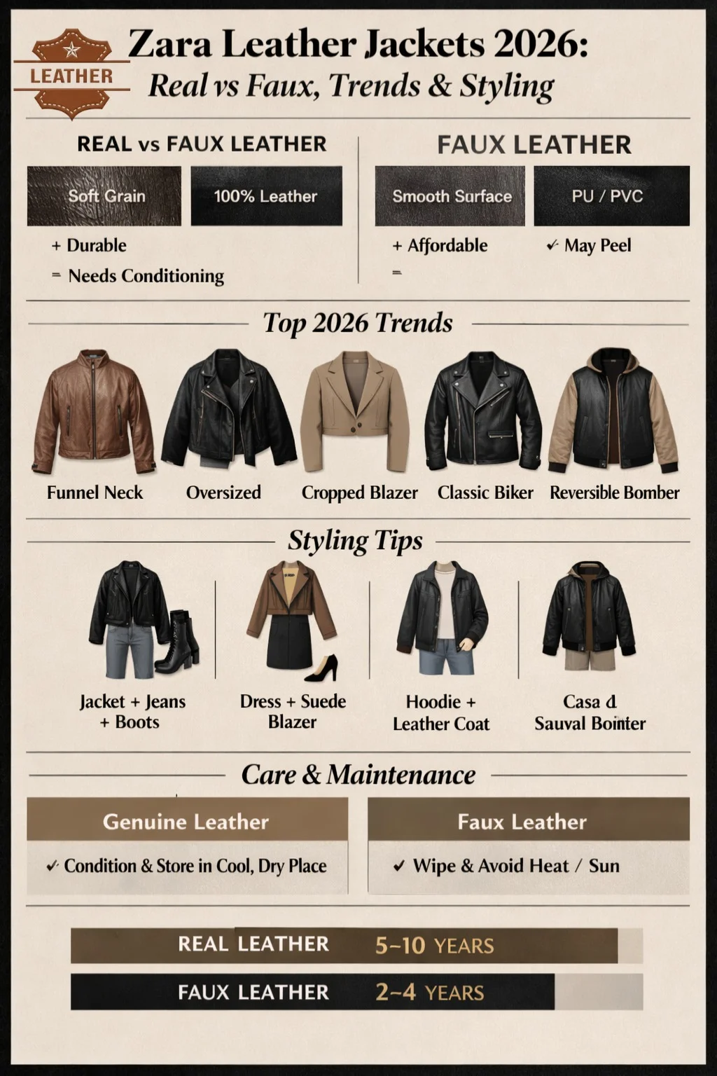 “Zara leather jackets 2026 infographic comparing real vs faux leather, trending styles, styling tips, and care guidelines.”