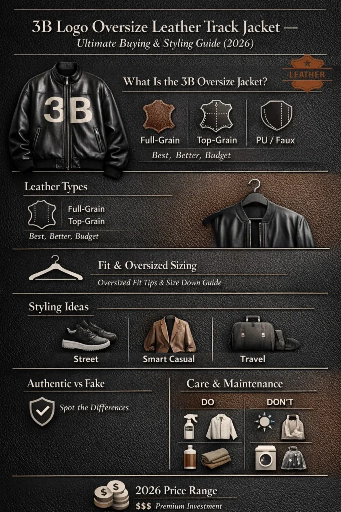 3B Logo Oversized Leather Track Jacket infographic showing leather quality, fit, styling tips, authenticity checks, and 2026 buying guide.
