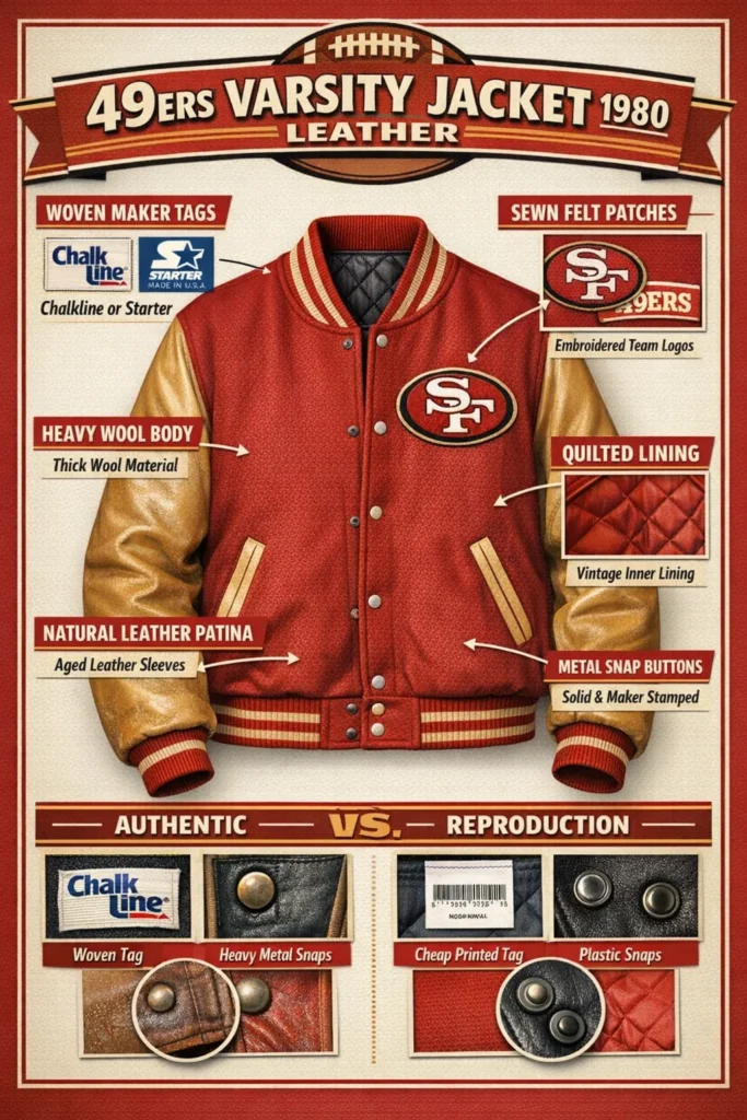 Infographic showing an authentic 49ers varsity jacket, 1980 leather with wool body, leather sleeves, vintage tags, sewn patches, metal snaps, and authentication tips.