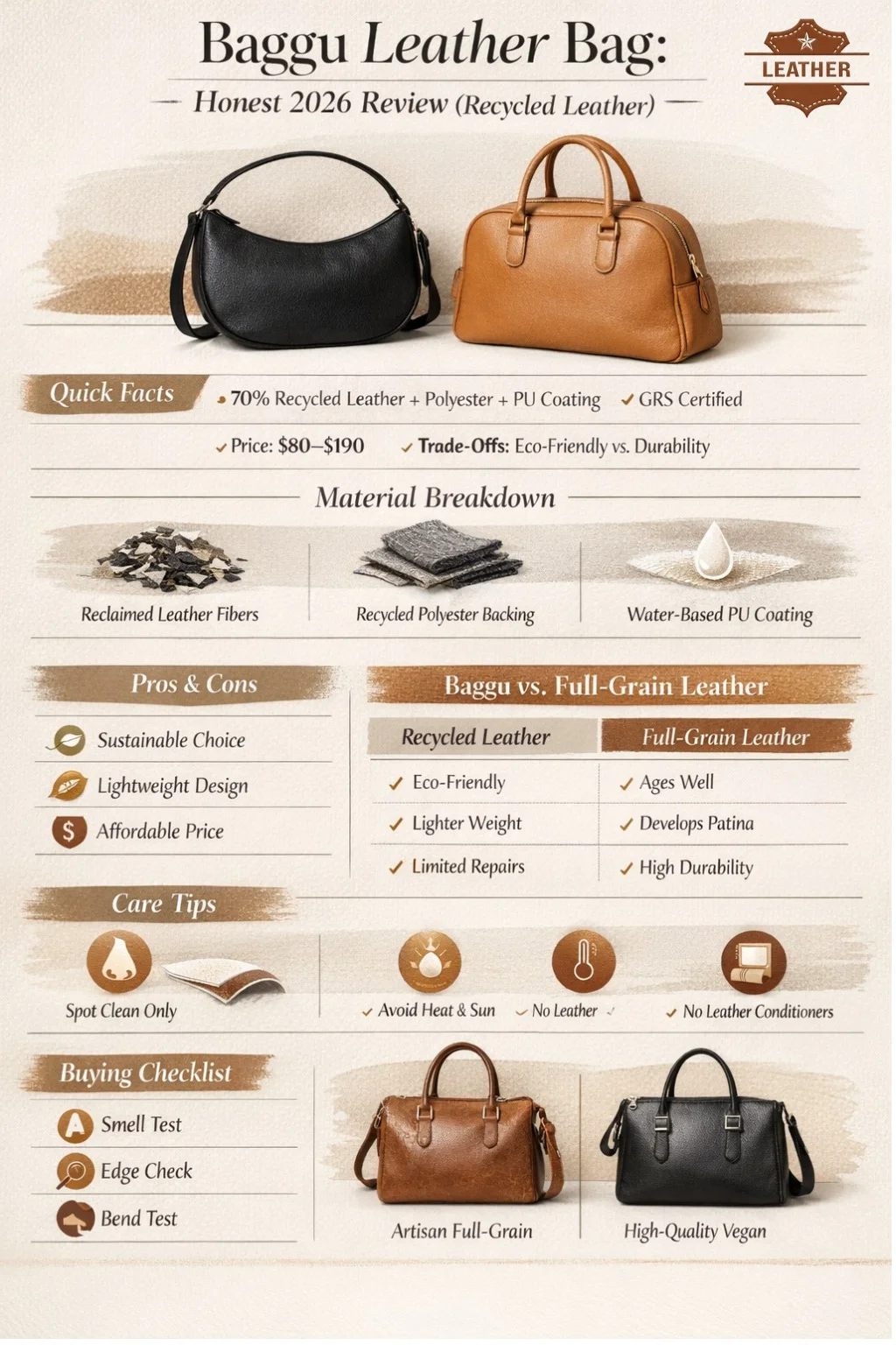 “Infographic showing the Baggu leather bag (recycled leather) review 2026: composition, GRS certification, pros & cons, care tips, full-grain comparison, and buying checklist.”