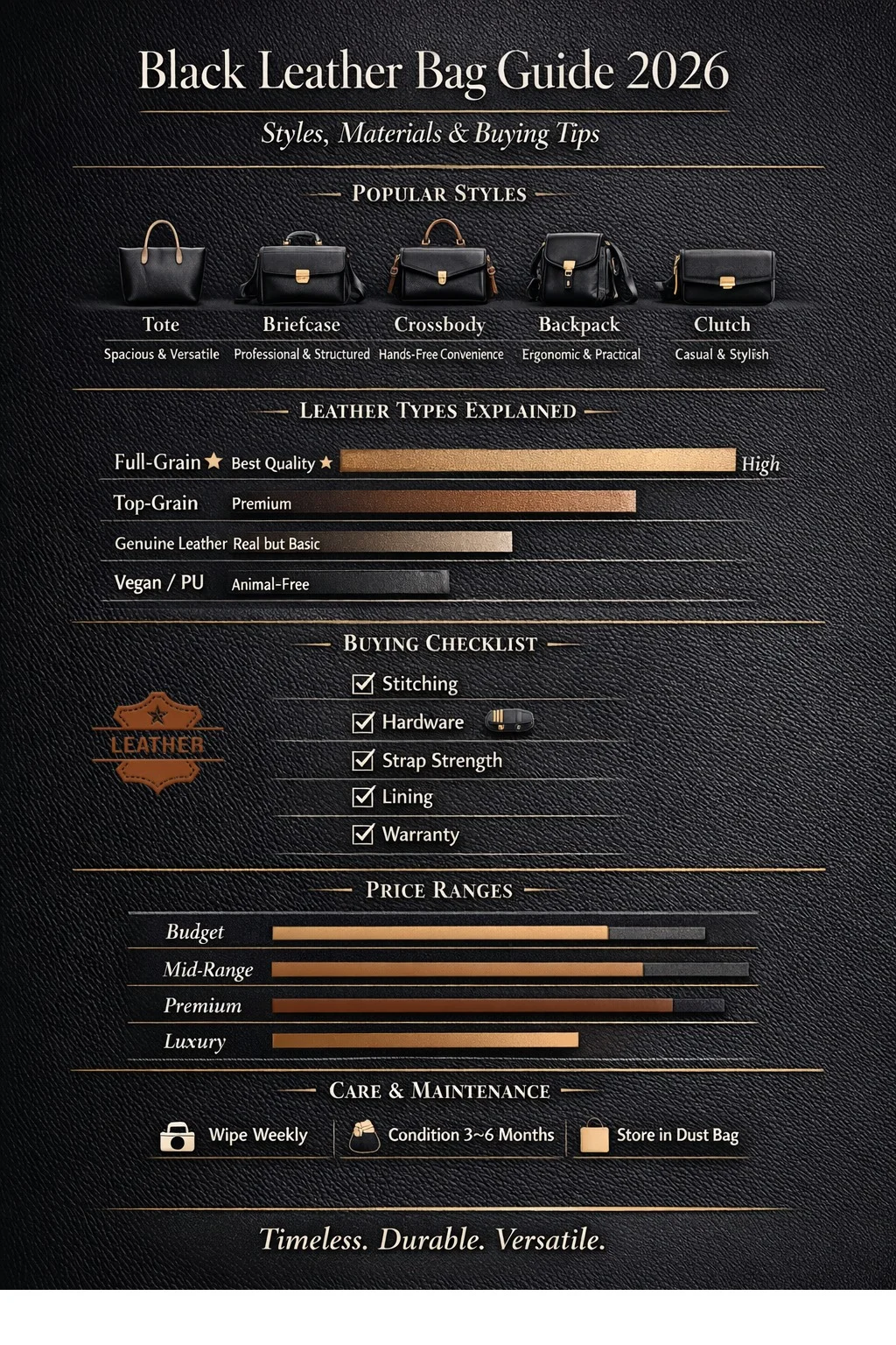 Black leather bag infographic guide showing styles, leather types, buying checklist, price ranges, and care tips for 2026.