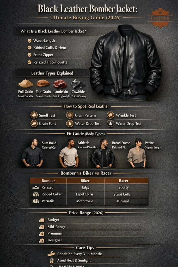 Black leather bomber jacket infographic showing leather types, fit guide, real leather tests, price range, and care tips (2026).