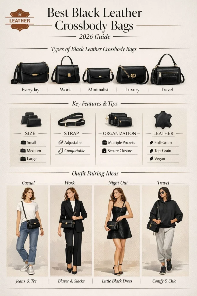 Vertical infographic showing “Best Black Leather Crossbody Bags 2026 Guide” with types of bags, key features, styling tips, and care advice in a premium, modern fashion design.