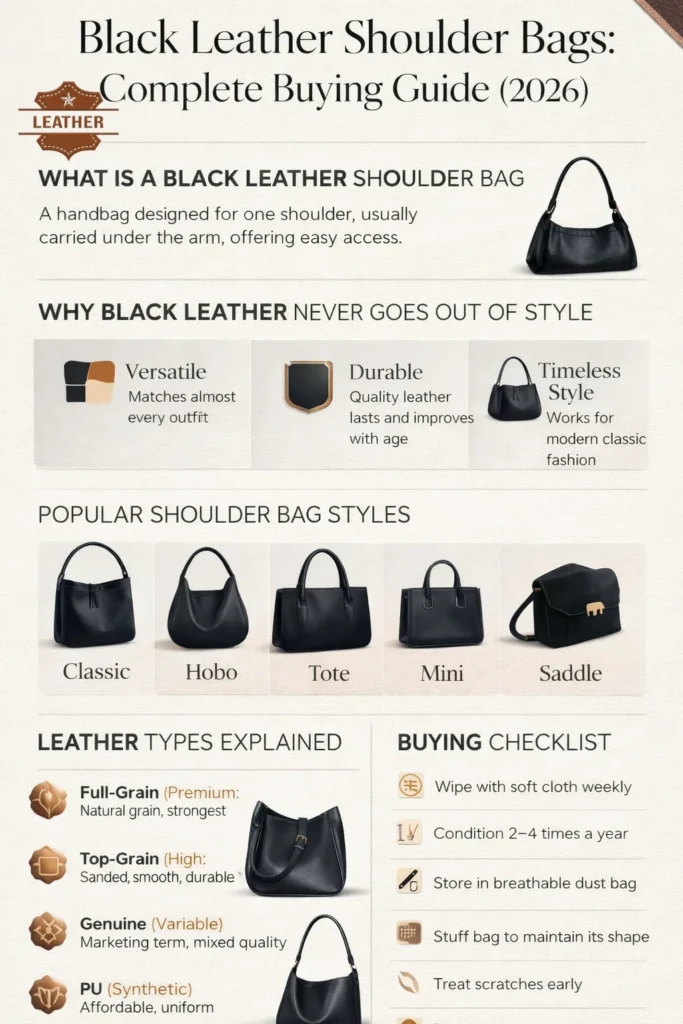 Black leather shoulder bags buying guide infographic showing styles, leather types, quality checks, and care tips for 2026.