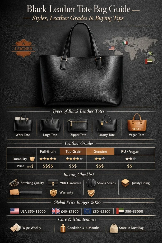 Black leather tote bag