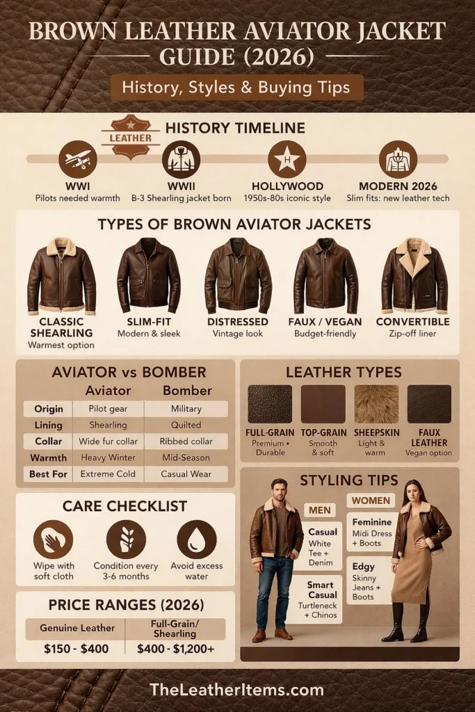Vertical infographic showing the 2026 guide to brown leather aviator jackets, including history, types, leather grades, styling tips, care instructions, and price ranges.