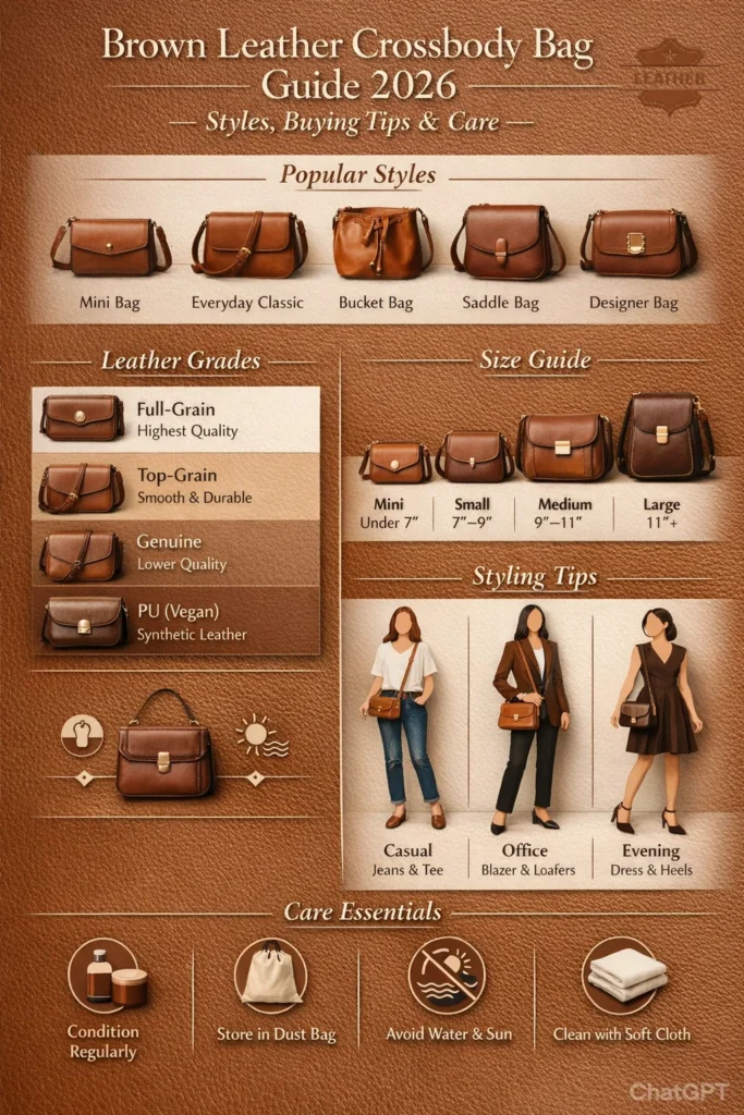 Infographic showing 2026 guide to brown leather crossbody bags, including types, leather grades, styling tips, size guide, and care instructions in a luxury fashion editorial layout.