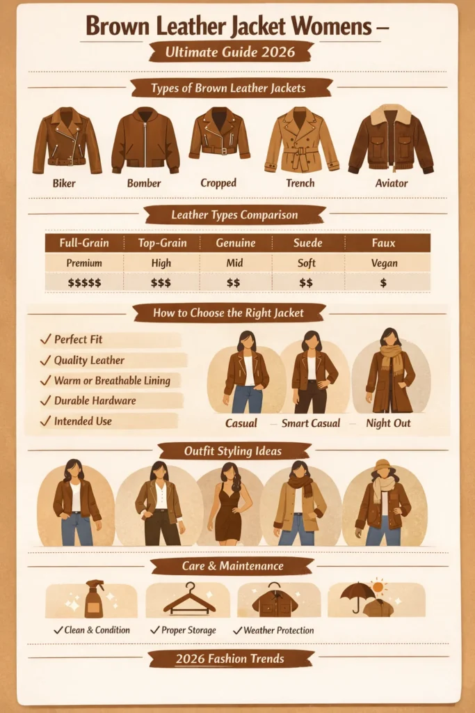 Vertical infographic titled “Brown Leather Jacket Women's – Ultimate Guide 2026” showing types of brown leather jackets, leather comparison chart, outfit ideas, care tips, and 2026 fashion trends.