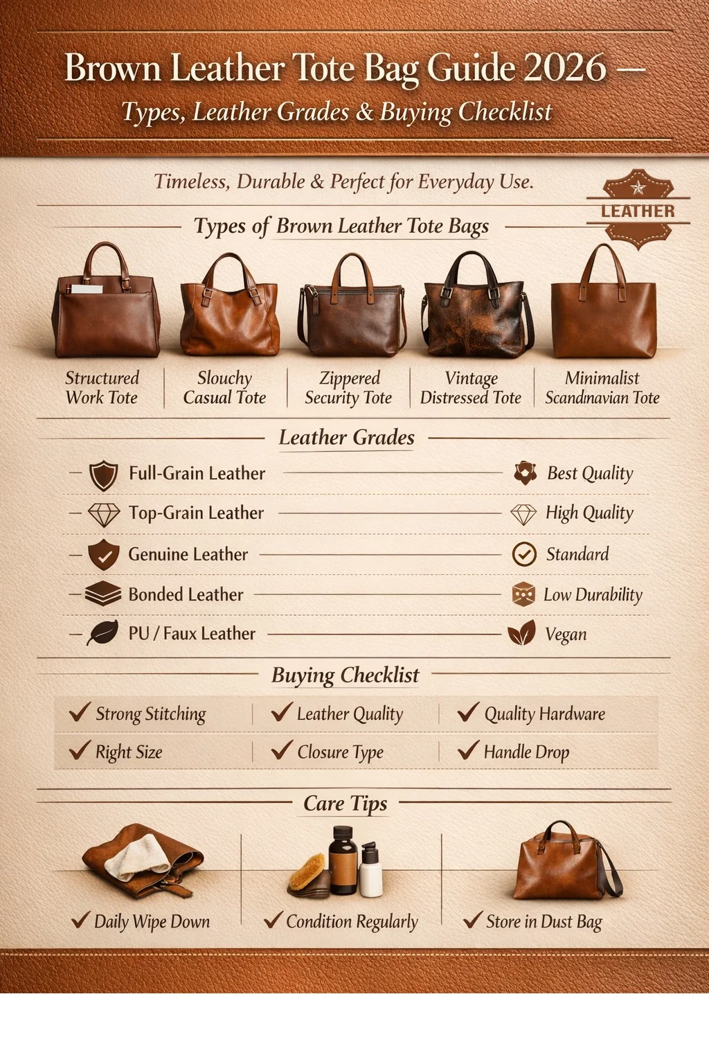 “Brown leather tote bag guide 2026 infographic showing types, leather grades, buying checklist, and care tips for premium handbags.”