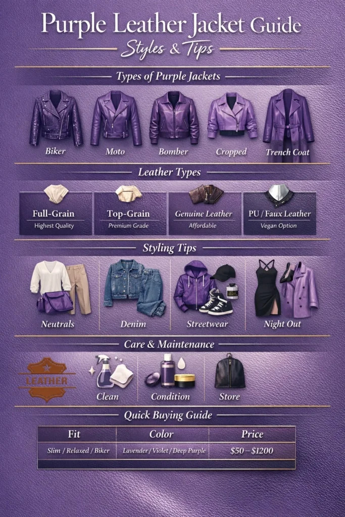 Premium infographic showcasing the ultimate 2026 guide to purple leather jackets, including styles, leather types, styling tips, care instructions, and buying advice.