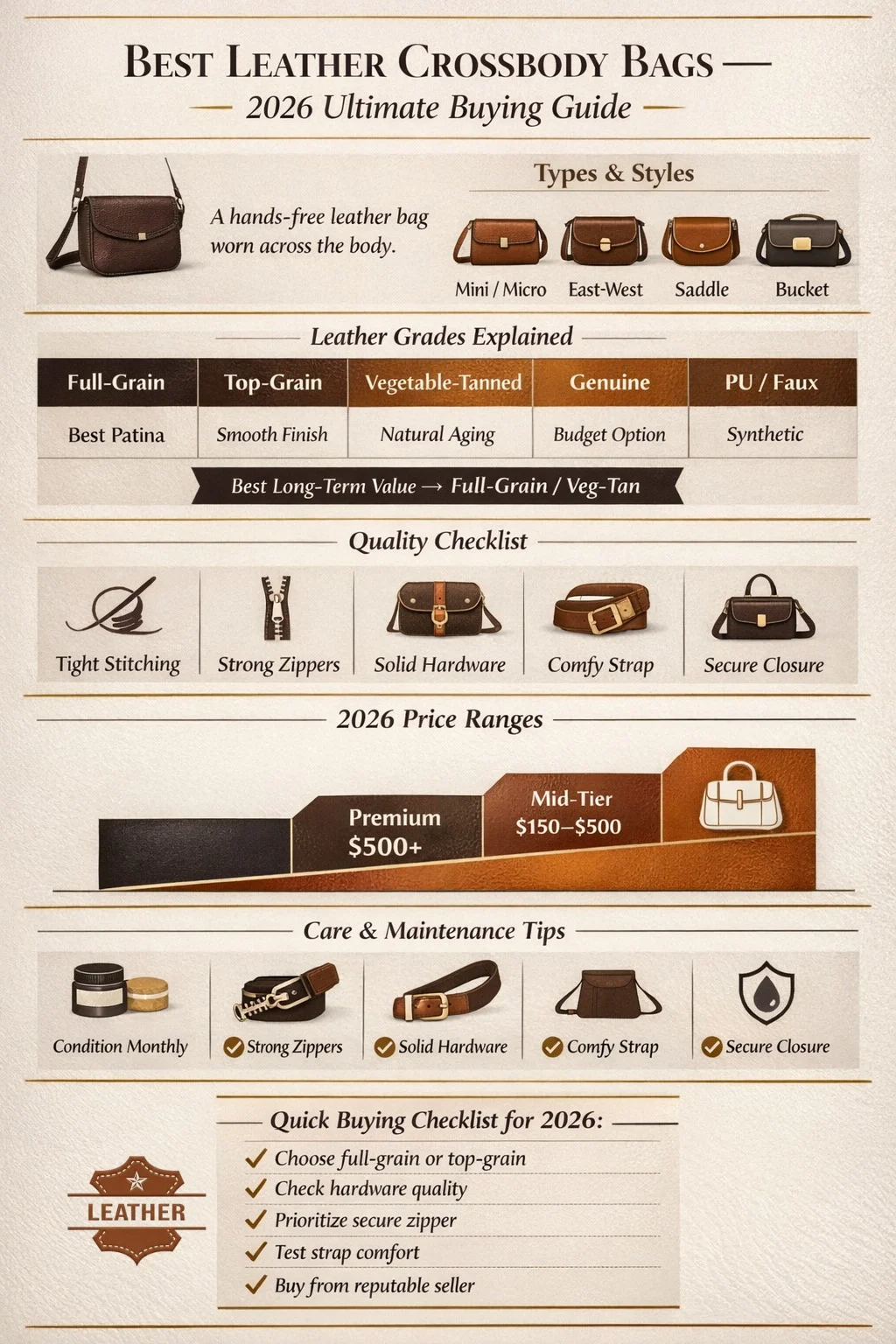 Best leather crossbody bags 2026 buying guide infographic showing styles, leather grades, price ranges, and quality checklist for smart shoppers.