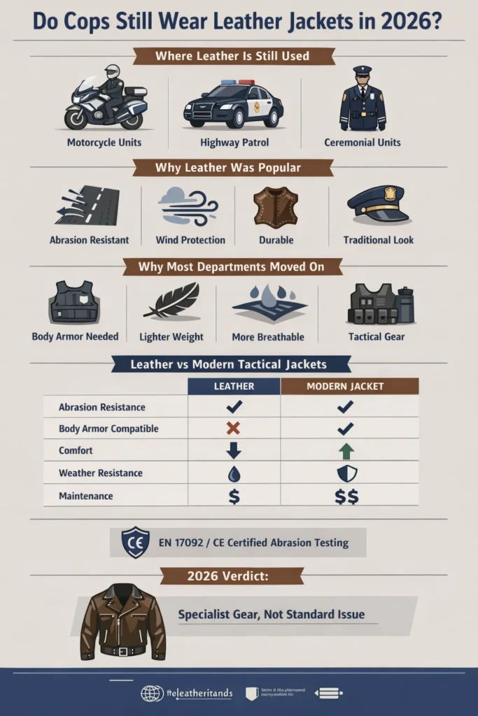 Infographic titled “Do Cops Still Wear Leather Jackets in 2026?” showing police motorcycle units, reasons leather declined, a leather vs modern tactical jacket comparison, safety standards, and a 2026 verdict.