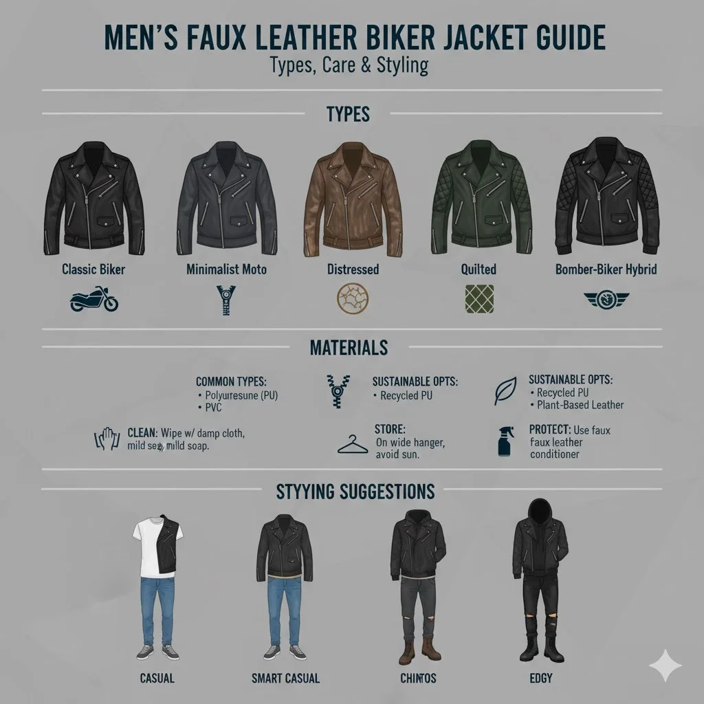 "Infographic showing different types of faux leather biker jackets for men in 2026, including Classic, Minimalist, Distressed, Quilted, and Bomber styles, with styling, care tips, and material information."