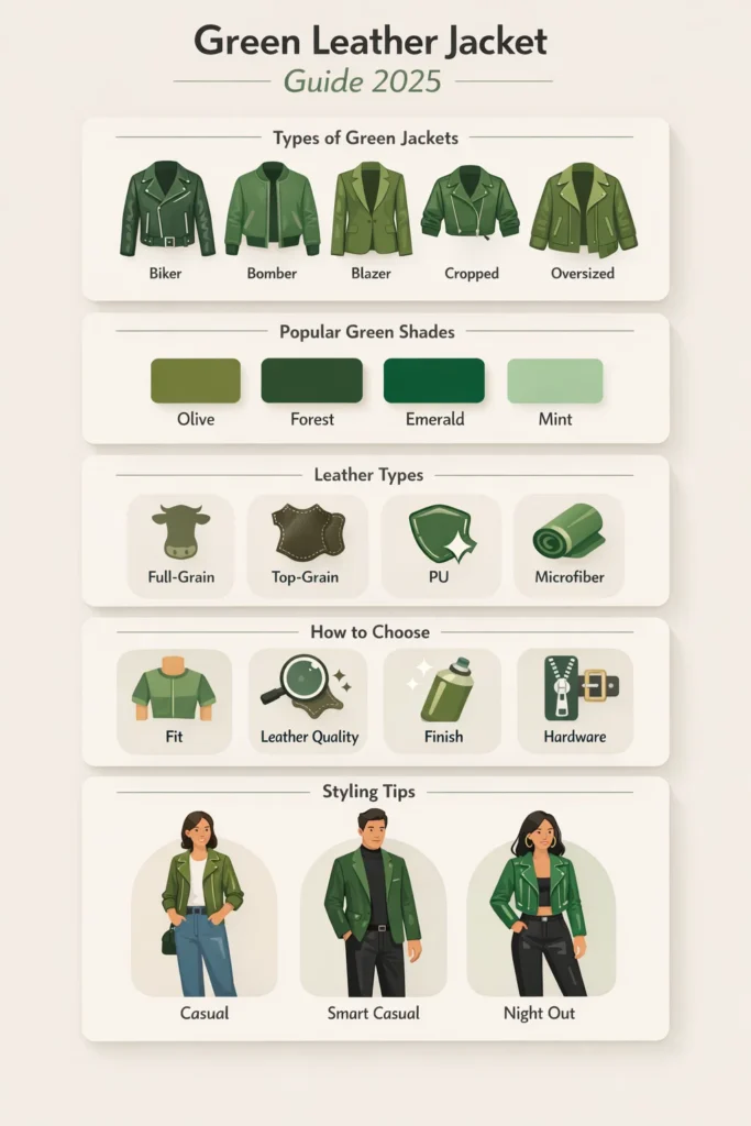 Green leather jacket guide infographic showing jacket styles, green color shades, leather types, buying tips, and outfit ideas for 2025.