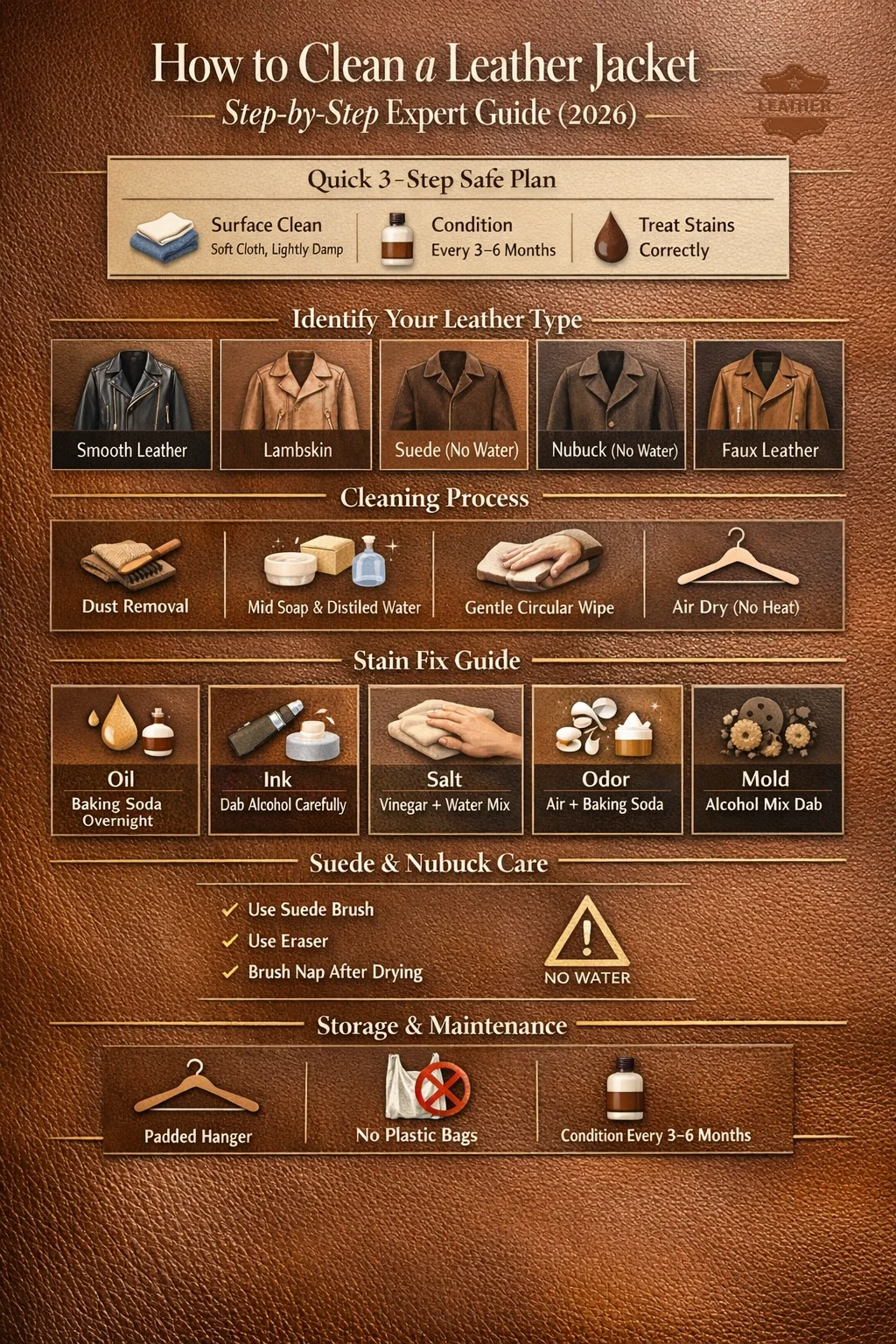 How to clean a leather jacket step-by-step infographic showing leather types, stain removal tips, conditioning guide, suede care instructions, and proper storage methods.