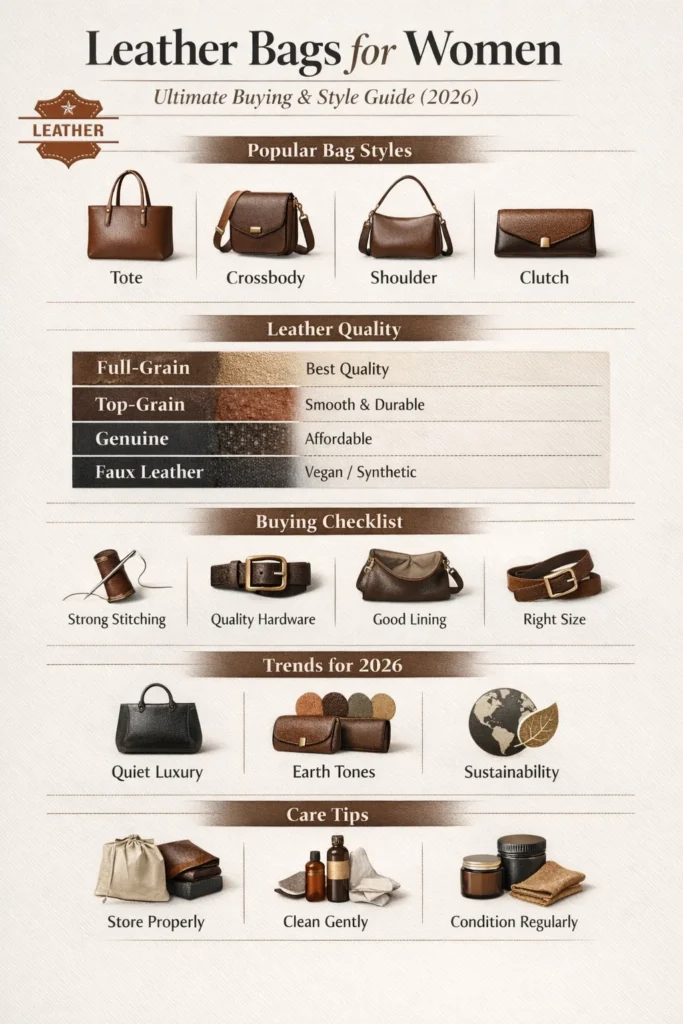 Leather bags for women infographic showing types of leather bags, leather quality comparison, buying tips, 2026 fashion trends, and care guide.