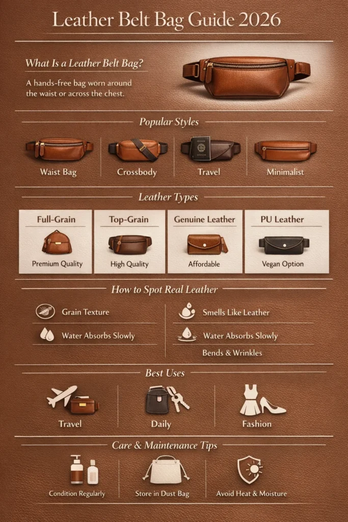 Leather belt bag infographic showing styles, leather types, real vs fake leather tips, care guide, and best uses for travel and daily wear in 2026.