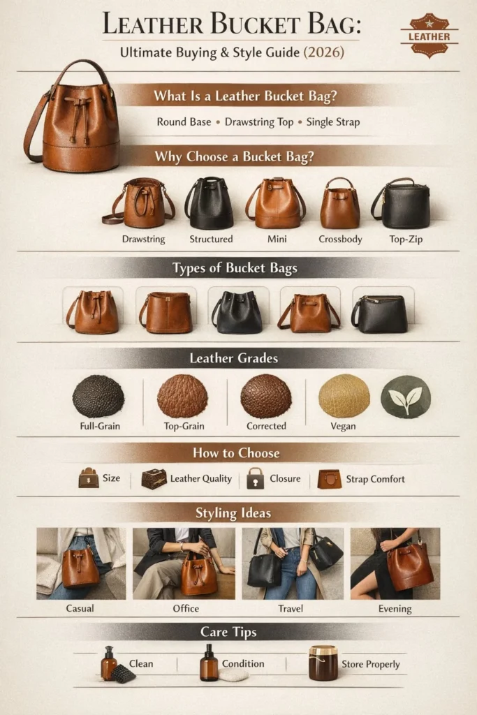 Leather bucket bag buying and styling infographic showing types, leather grades, care tips, and outfit ideas for 2026.