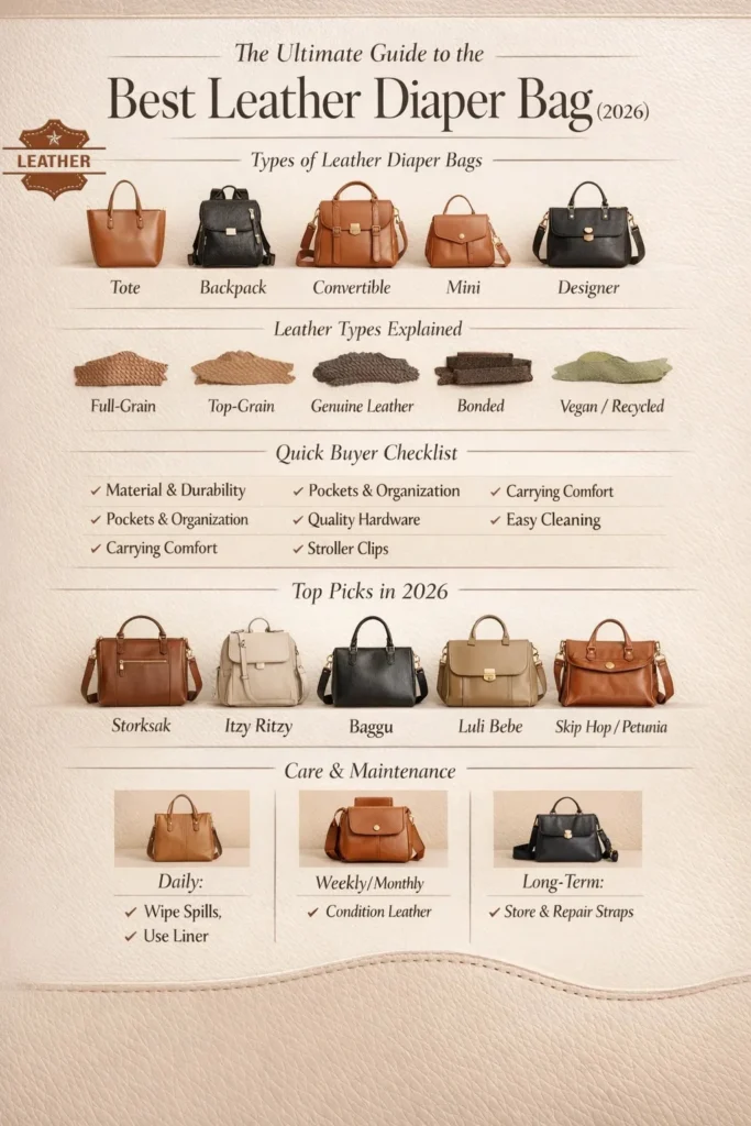 Vertical infographic showing the ultimate guide to the best leather diaper bag 2026, including types of bags, leather materials, buyer checklist, top picks, and care tips.