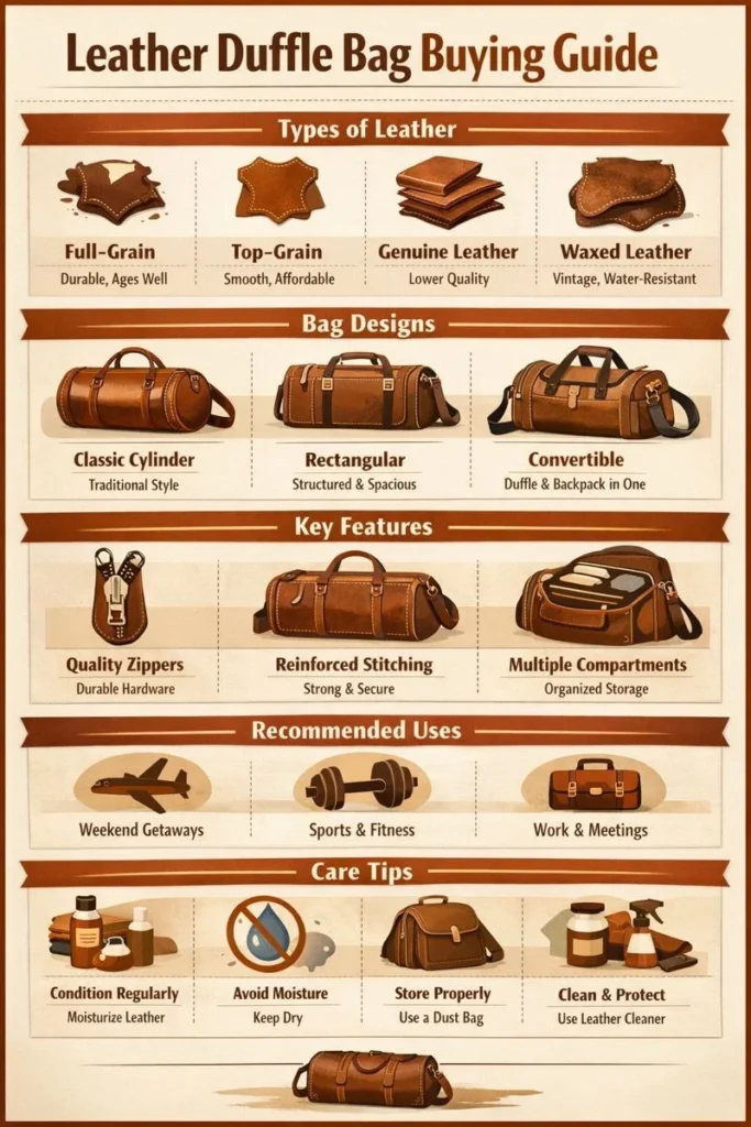 “Infographic showing a complete Leather Duffle Bag Buying Guide, including leather types, bag designs, key features, recommended uses, and care tips for long-lasting travel bags.”