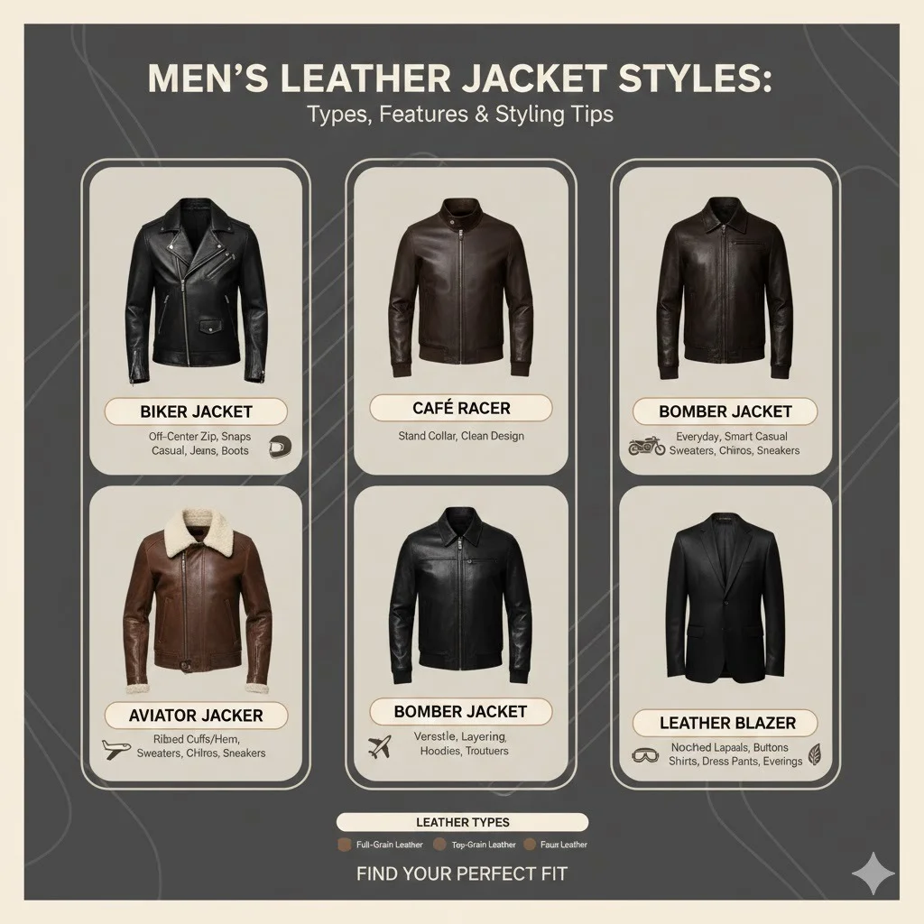 "Infographic of men’s leather jackets: Biker, Café Racer, Bomber, Aviator, Blazer with key features, occasions, and styling tips. Highlights full-grain, top-grain, and faux leather types."