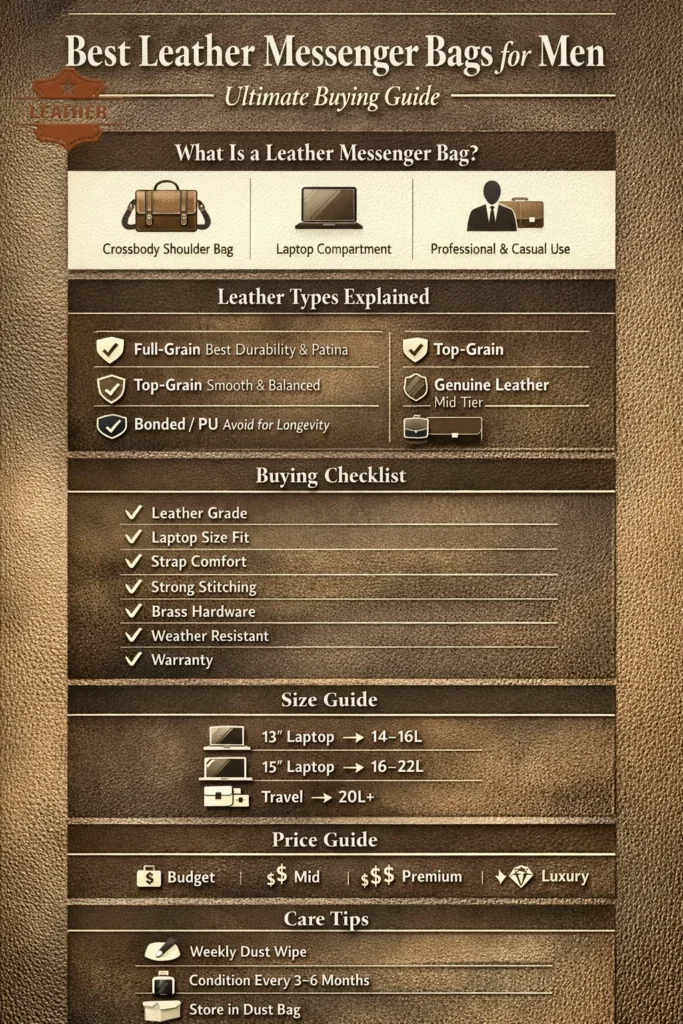 “Infographic showing the best leather messenger bags for men in 2026, including full-grain and top-grain options, laptop fit, strap comfort, hardware quality, top recommended models, and care tips.”