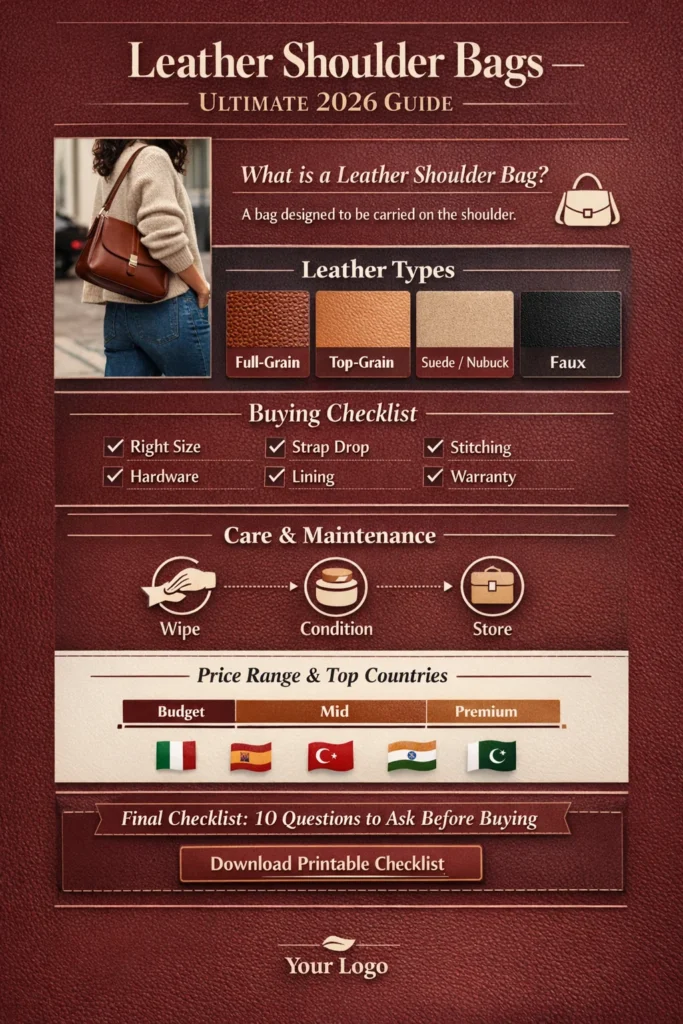 Vertical infographic titled “Leather Shoulder Bags — Ultimate 2026 Guide” showing: what a shoulder bag is, four leather types (full-grain, top-grain, suede, faux), a buying checklist, care steps, price ranges, top manufacturing countries, and a final printable checklist CTA.