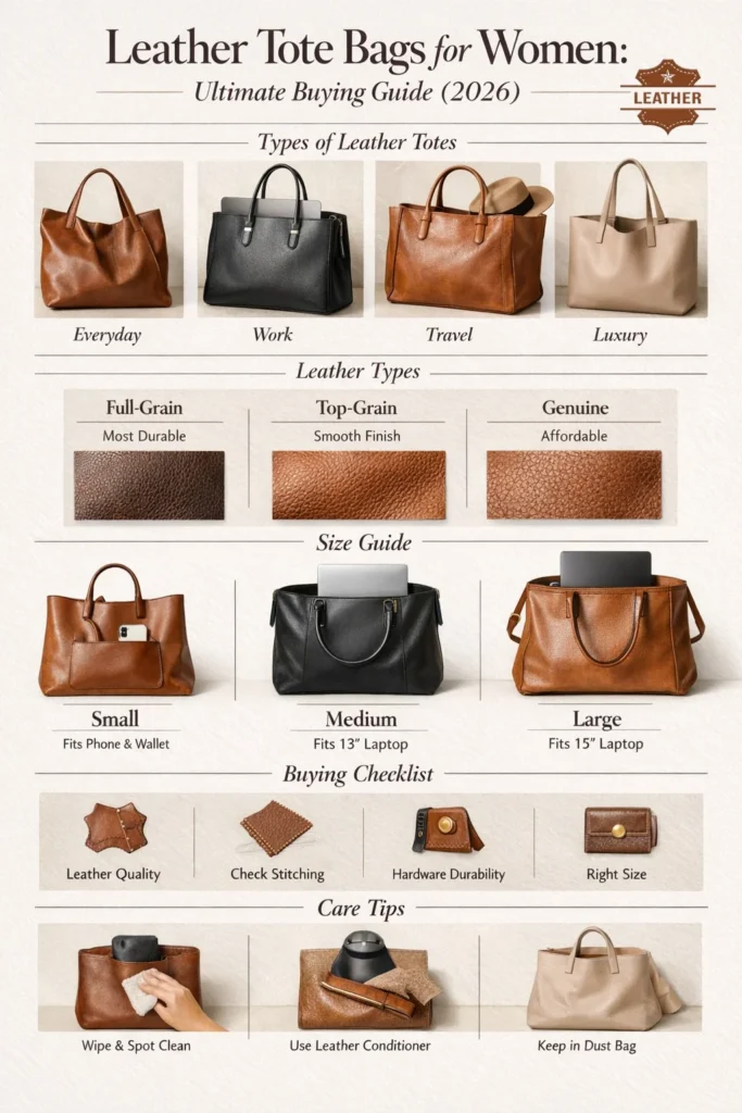 “Leather tote bags for women buying guide showing types, leather quality, size chart, care tips, and work tote features.”