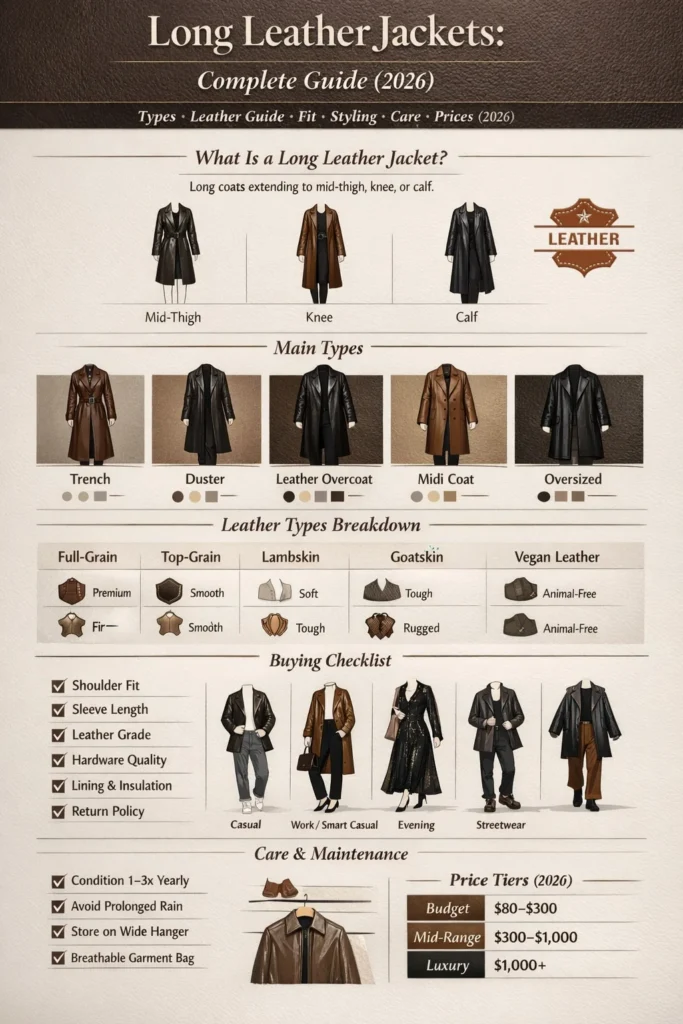 Infographic showing types of long leather jackets, leather materials, styling tips, fit guide, and care advice for 2026.