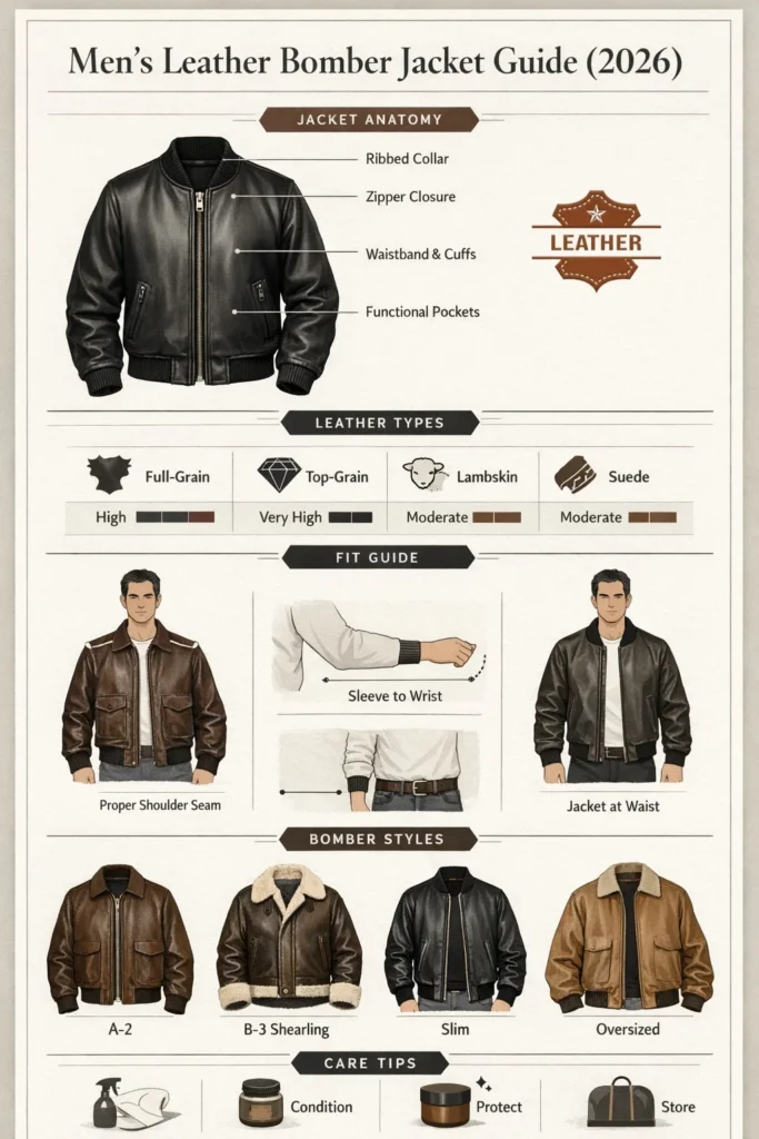 Men’s leather bomber jacket infographic showing styles, leather types, fit guide, care tips, and buying essentials (2026).