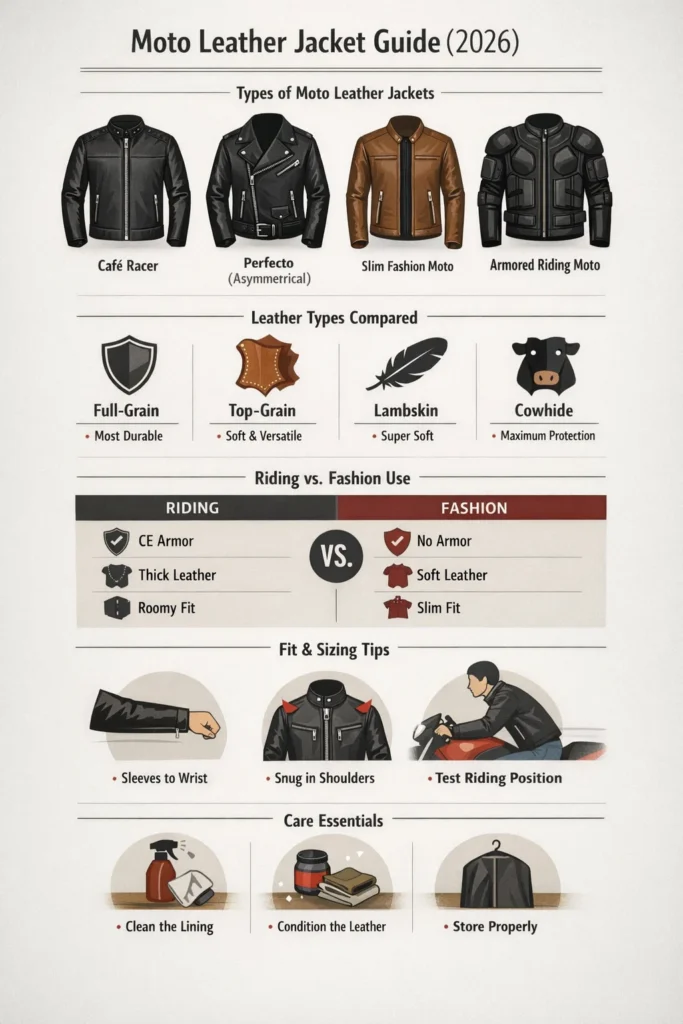 Moto leather jacket infographic showing café racer, perfecto, slim fashion and armored riding jackets, leather types comparison, riding vs fashion use, fit tips, and care essentials.