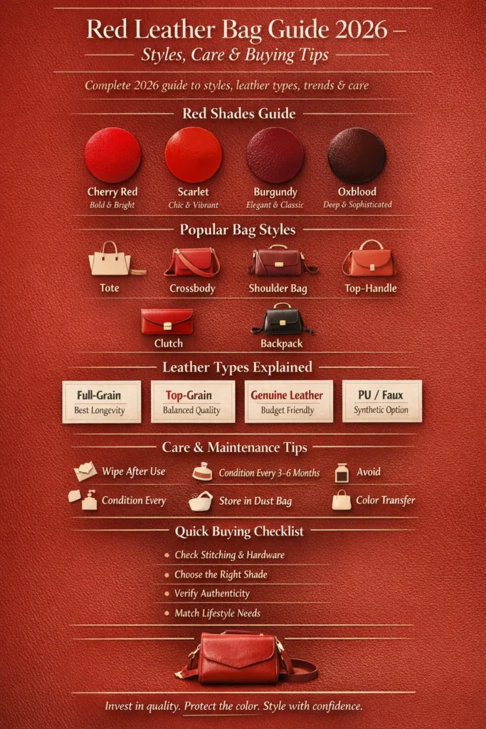 Red leather bag guide 2026 infographic showing bag styles, leather types, care tips, red shades comparison, and buying checklist for handbags.