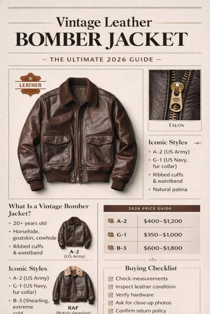 Vertical infographic titled “Vintage Leather Bomber Jacket: The Ultimate 2026 Guide” featuring A-2, G-1 and B-3 styles, price guide, authenticity tips, buying checklist, and care instructions in a premium heritage fashion layout.