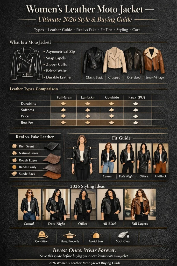 Women’s leather moto jacket infographic showing jacket types, leather comparison chart, real vs fake leather checklist, fit guide, styling ideas, and care tips for 2026 buyers.