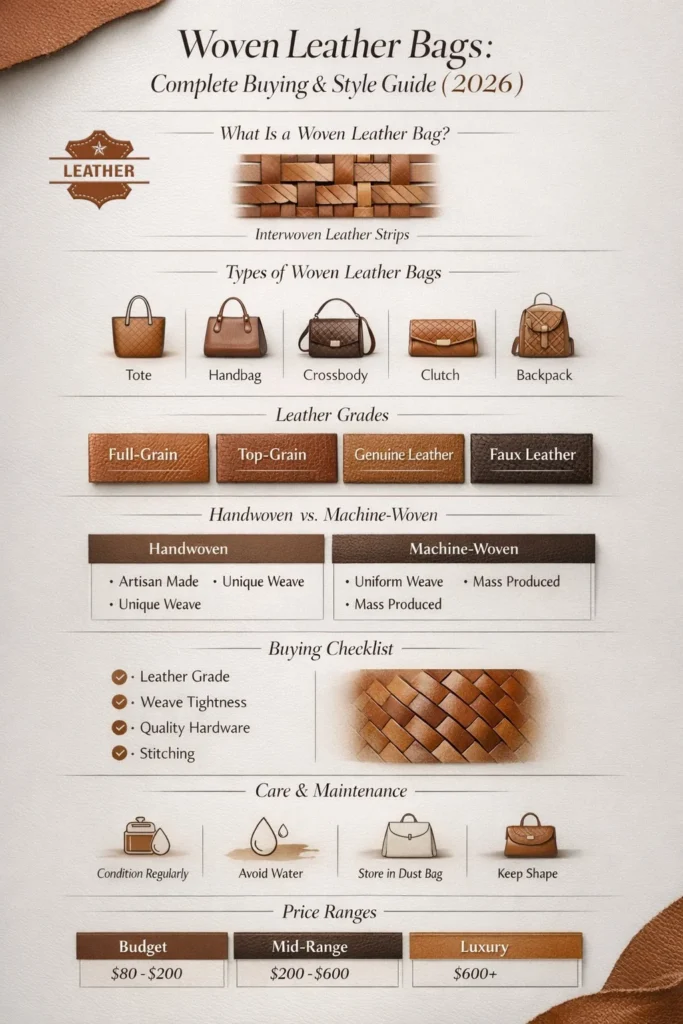Woven leather bags infographic showing types, leather grades, buying tips, care guide, and price ranges for 2026.