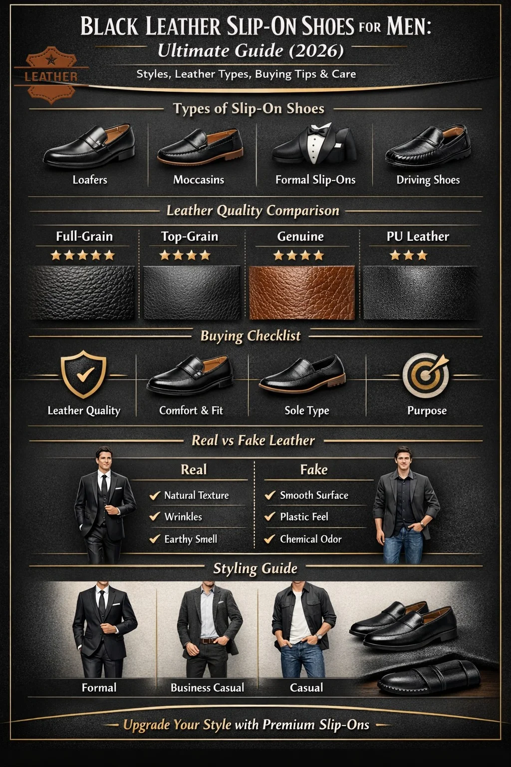 Black leather slip-on shoes for men infographic showing types, leather quality comparison, buying tips, styling ideas, and care guide