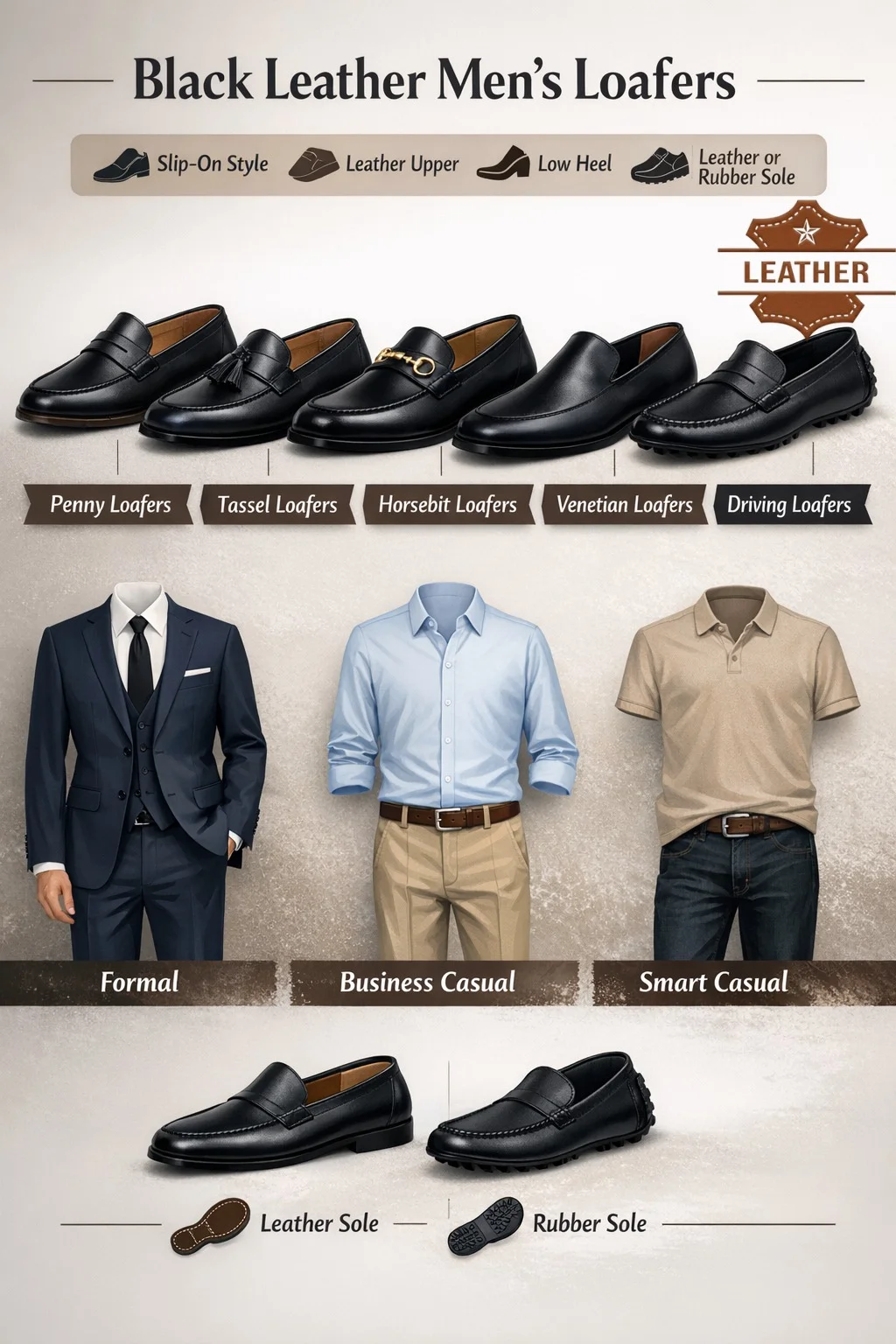 "Infographic of black leather men’s loafers showing penny, tassel, horsebit, Venetian, and driving styles with labeled features, sole types, and outfit suggestions."
