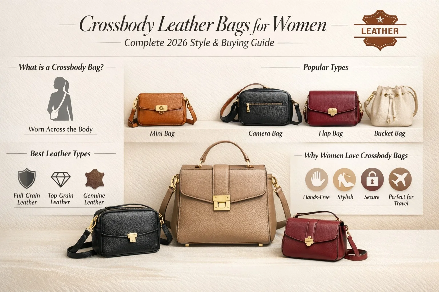 Infographic showing different types of crossbody leather bags for women including mini, camera, flap, and bucket styles in a 2026 fashion guide.